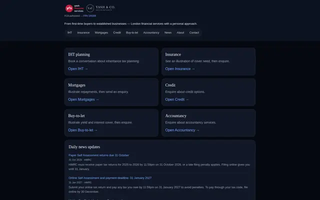 Homepage of the Yash Financial Services website